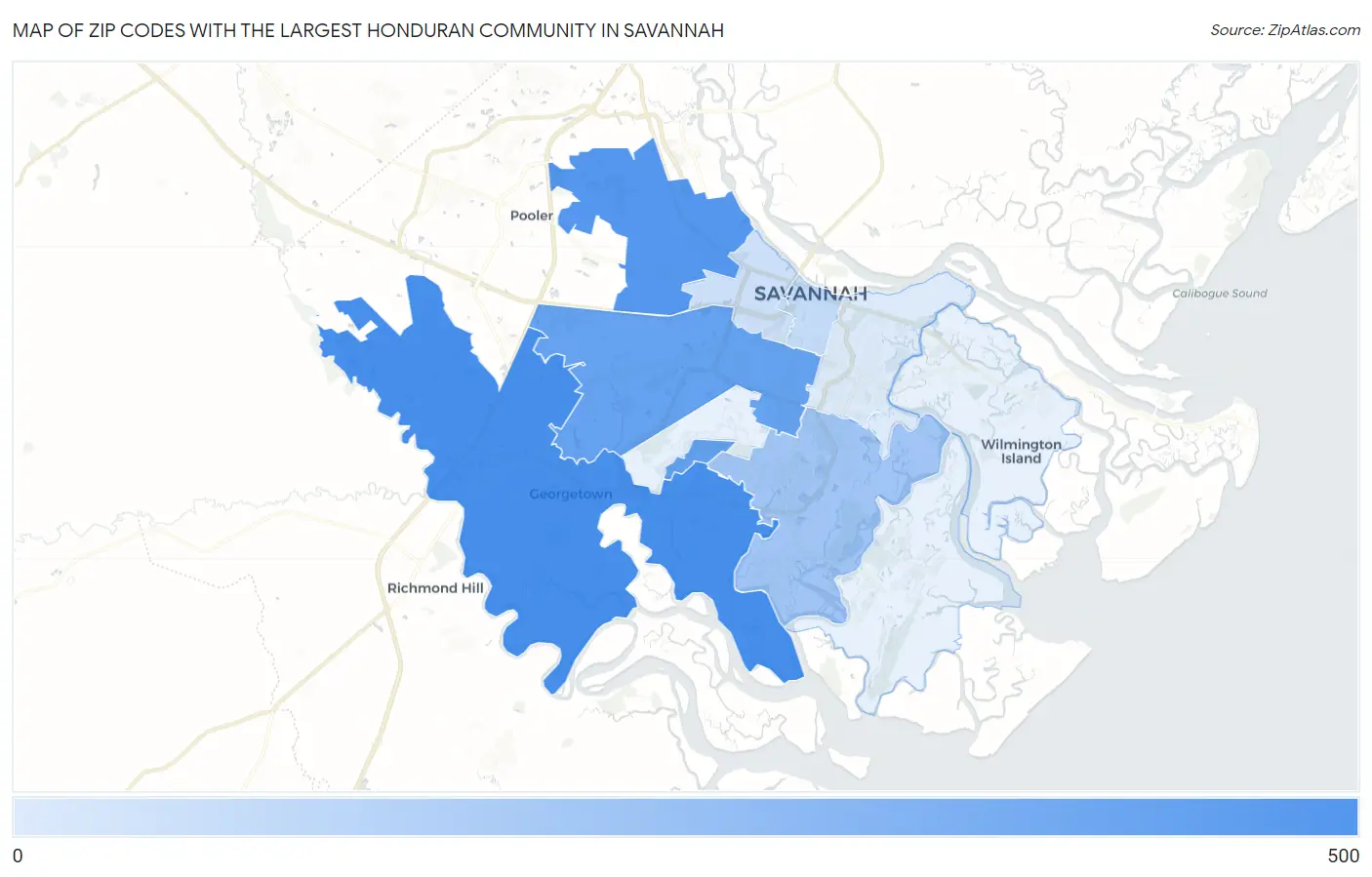 Zip Codes with the Largest Honduran Community in Savannah Map