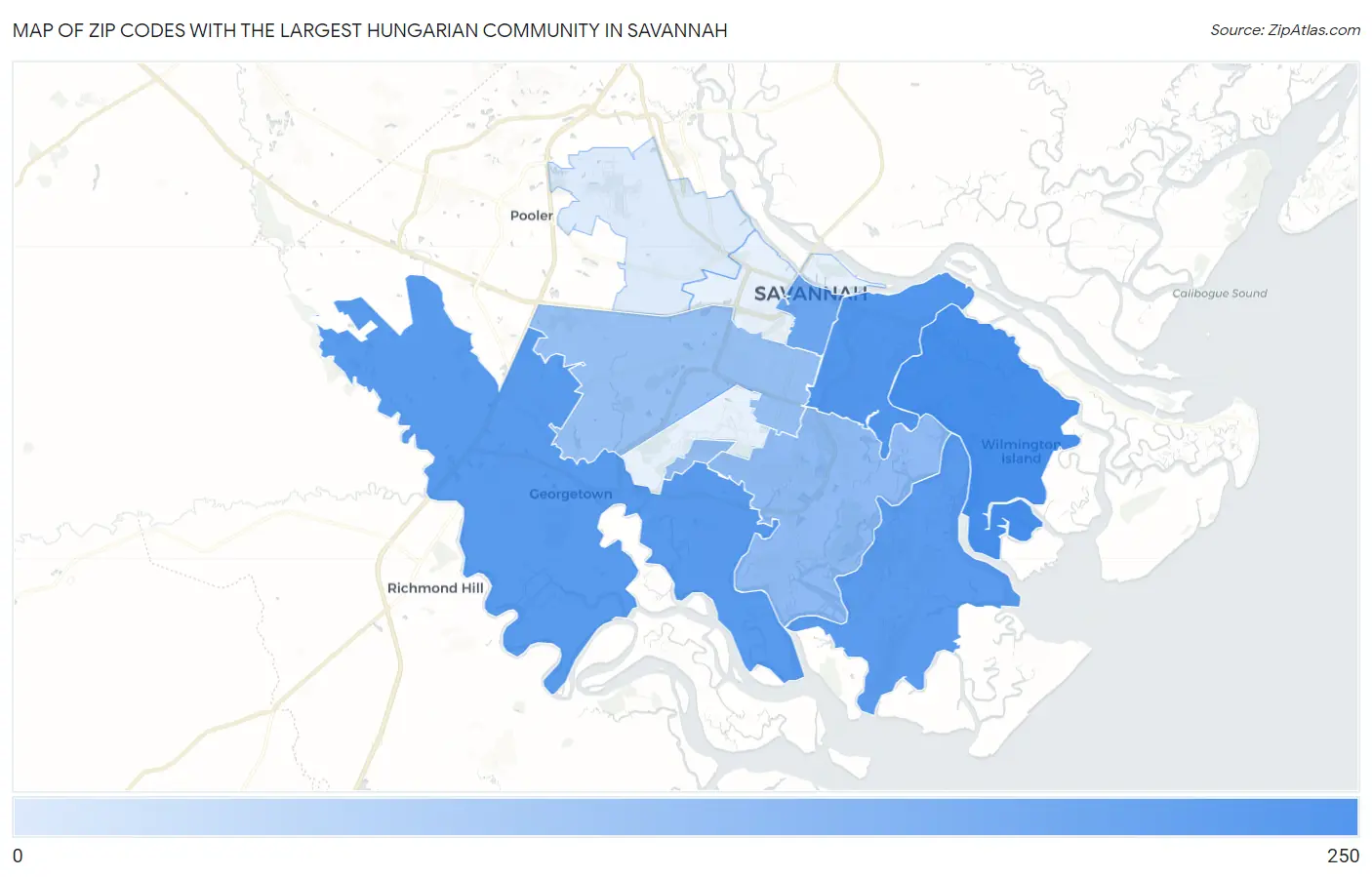 Zip Codes with the Largest Hungarian Community in Savannah Map