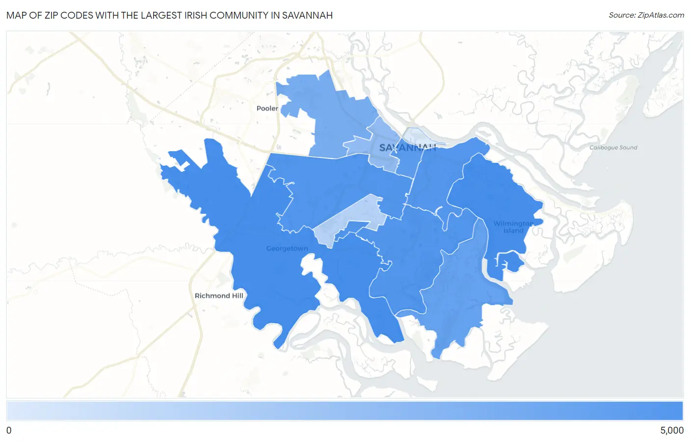 Zip Codes with the Largest Irish Community in Savannah Map