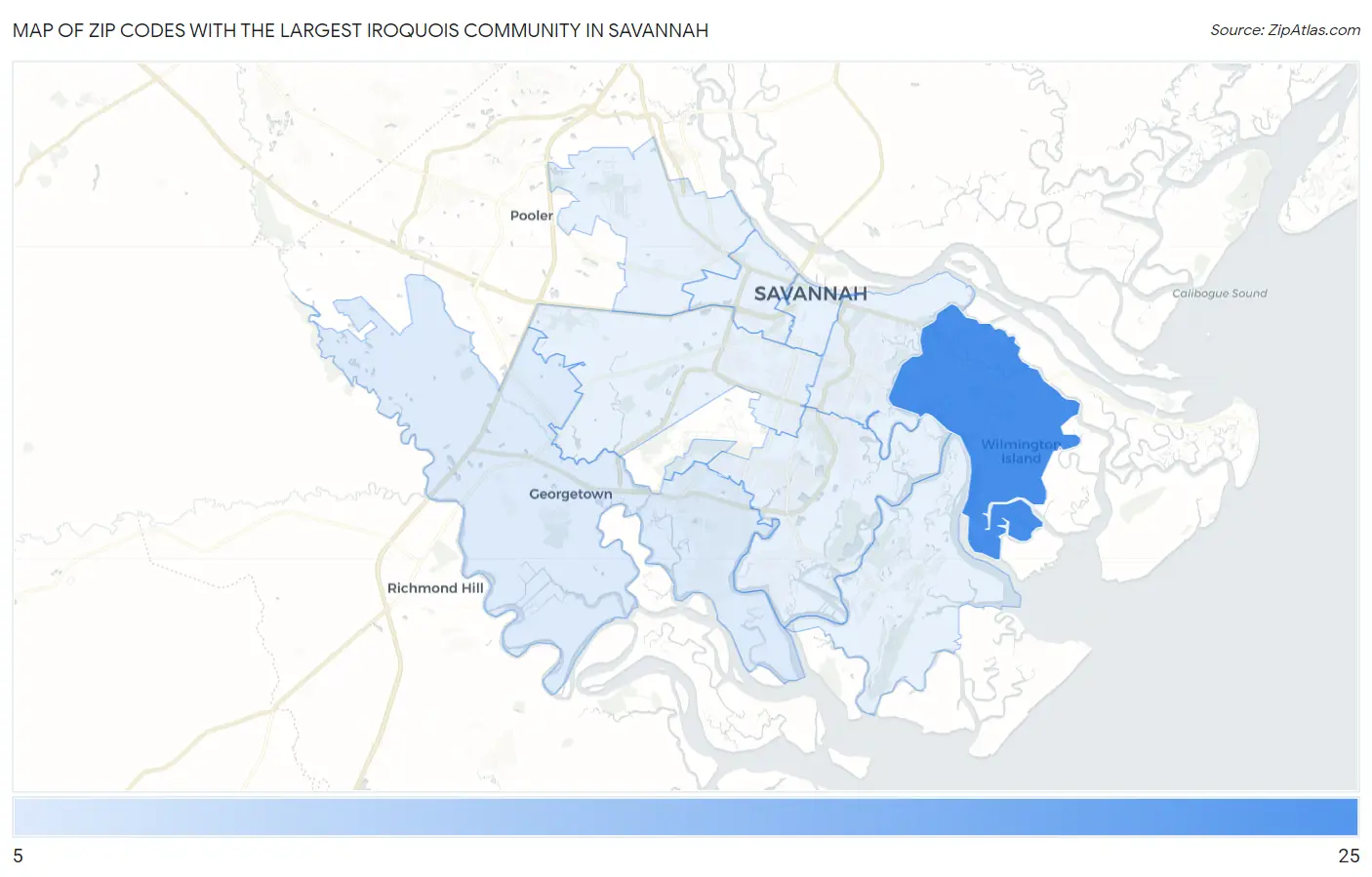 Zip Codes with the Largest Iroquois Community in Savannah Map