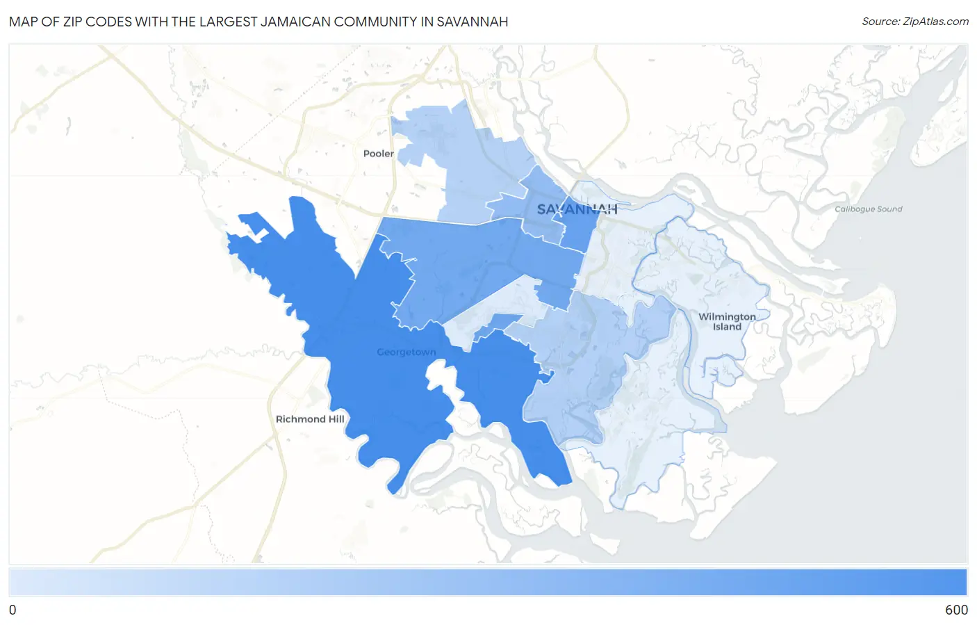 Zip Codes with the Largest Jamaican Community in Savannah Map