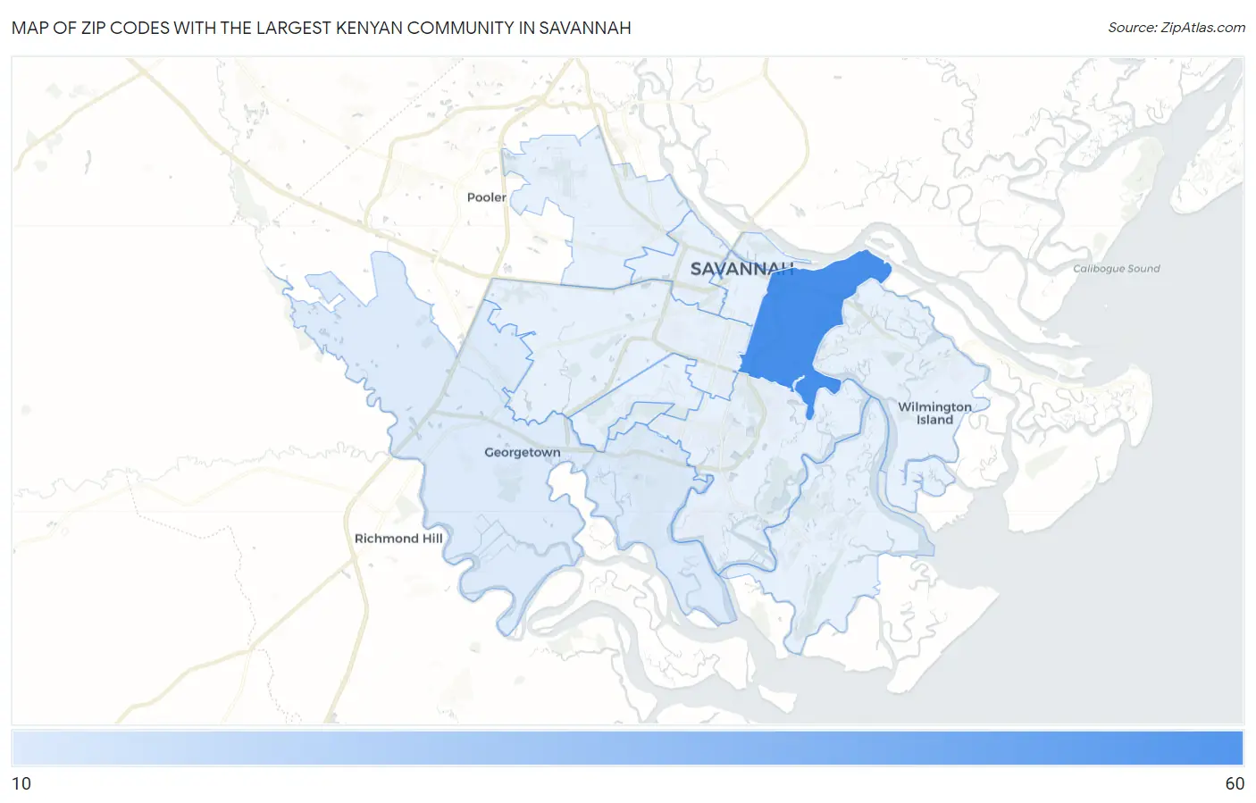 Zip Codes with the Largest Kenyan Community in Savannah Map