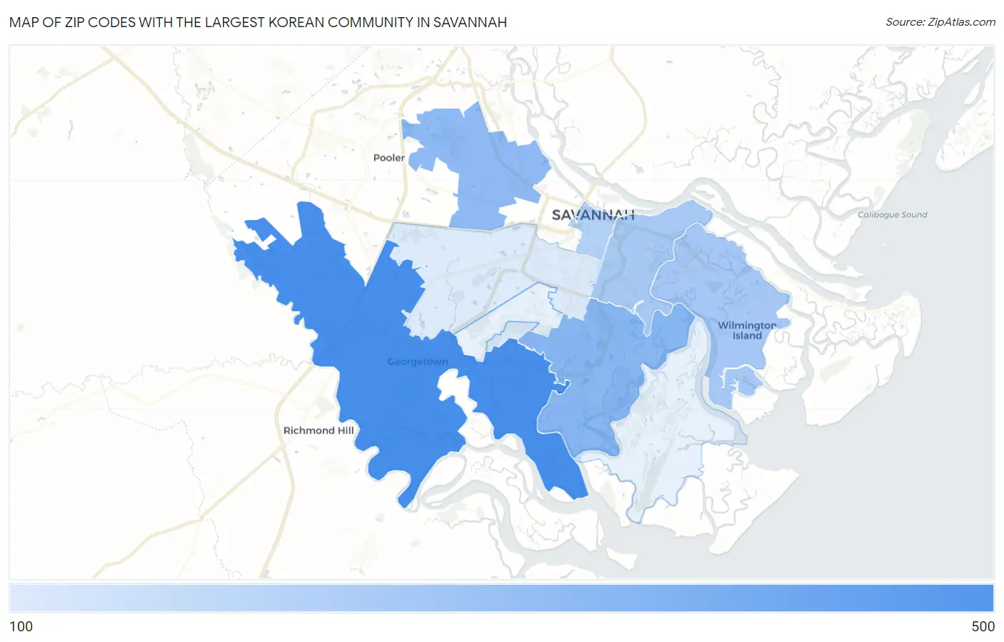 Zip Codes with the Largest Korean Community in Savannah Map