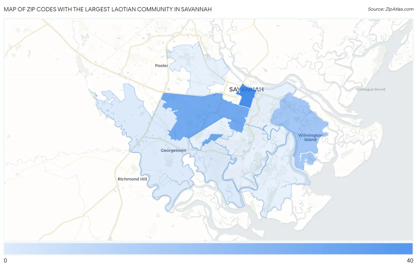 Zip Codes with the Largest Laotian Community in Savannah Map