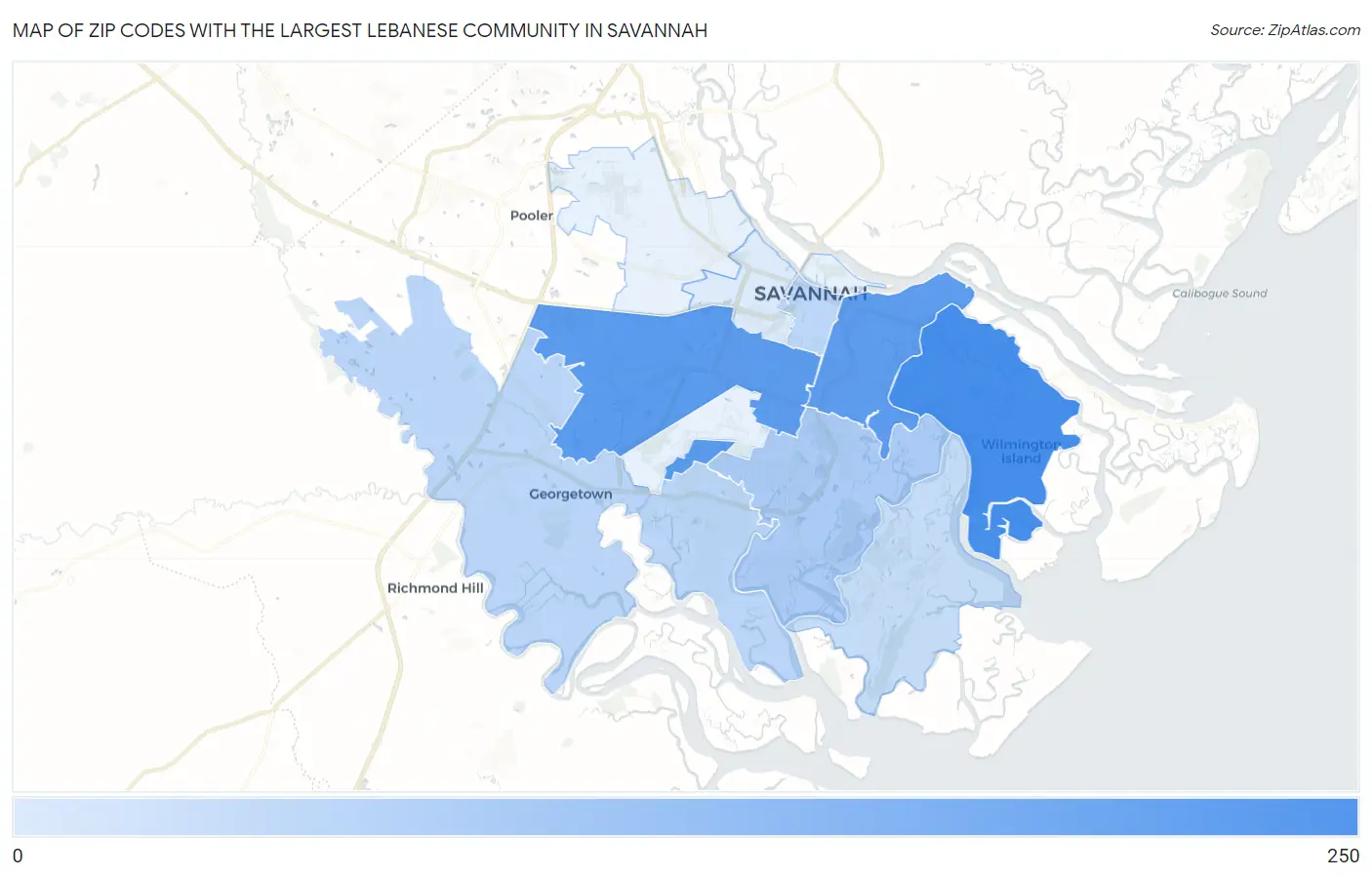 Zip Codes with the Largest Lebanese Community in Savannah Map