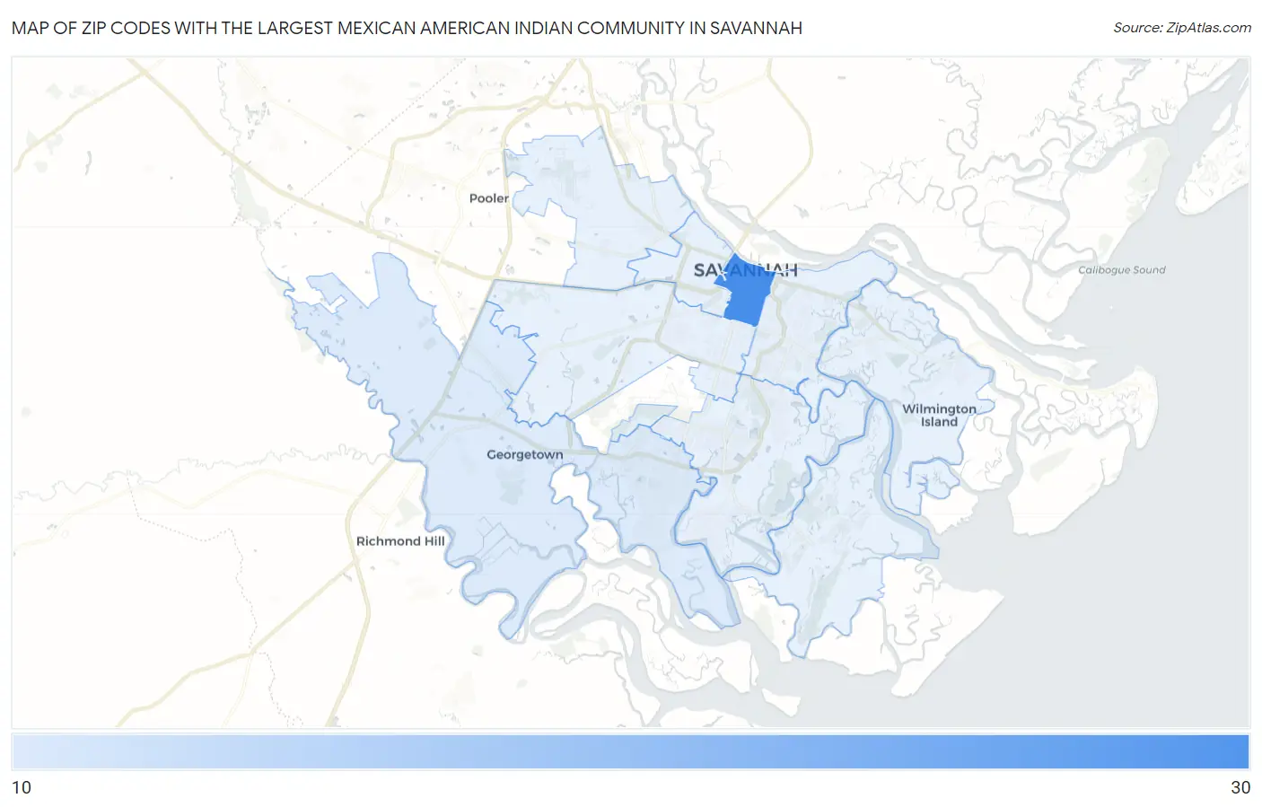 Zip Codes with the Largest Mexican American Indian Community in Savannah Map