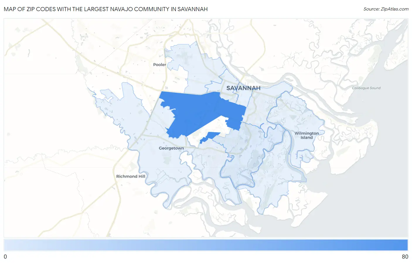Zip Codes with the Largest Navajo Community in Savannah Map