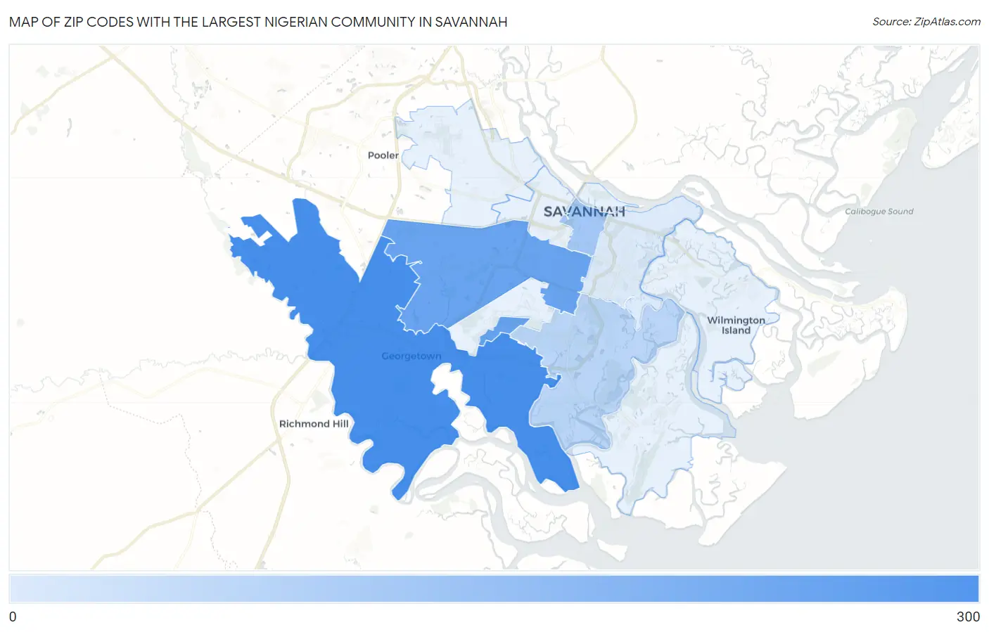 Zip Codes with the Largest Nigerian Community in Savannah Map