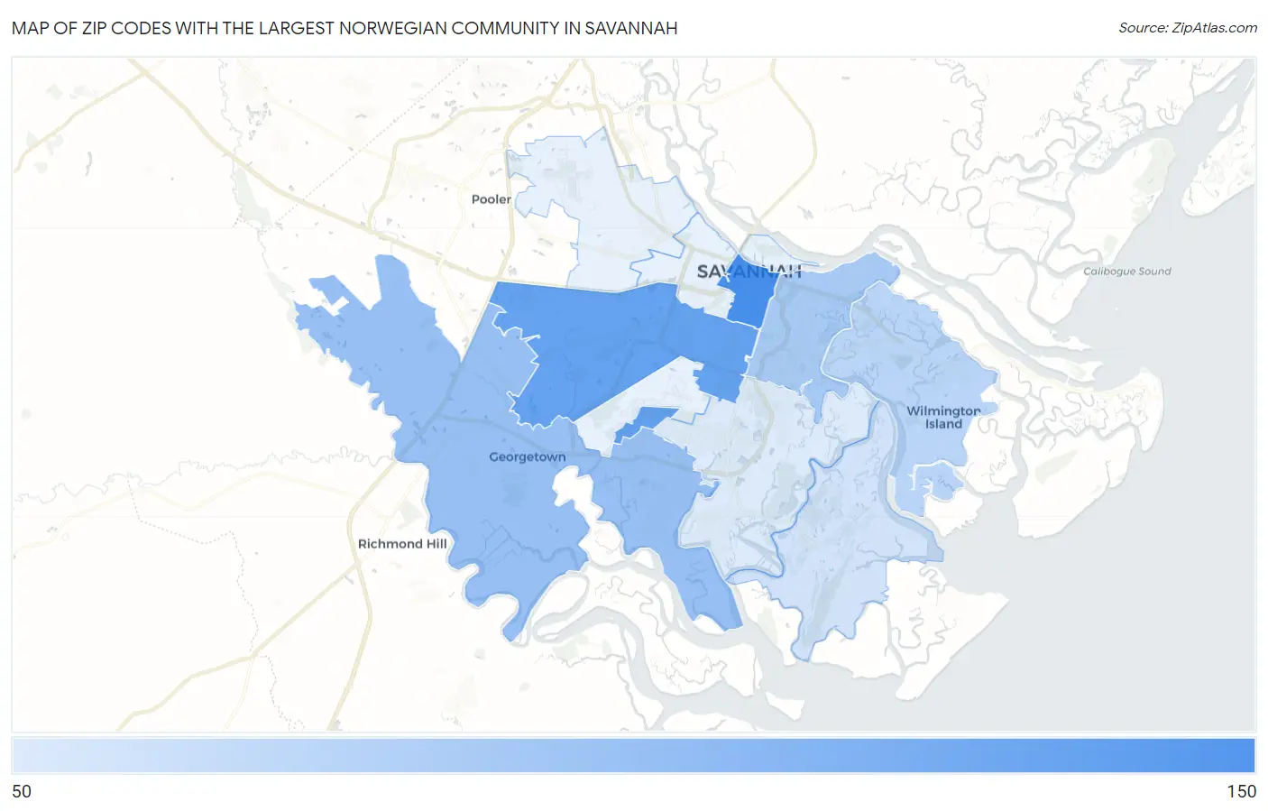 Zip Codes with the Largest Norwegian Community in Savannah Map