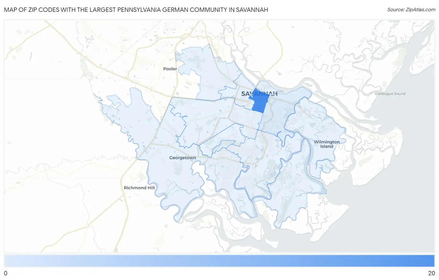 Zip Codes with the Largest Pennsylvania German Community in Savannah Map