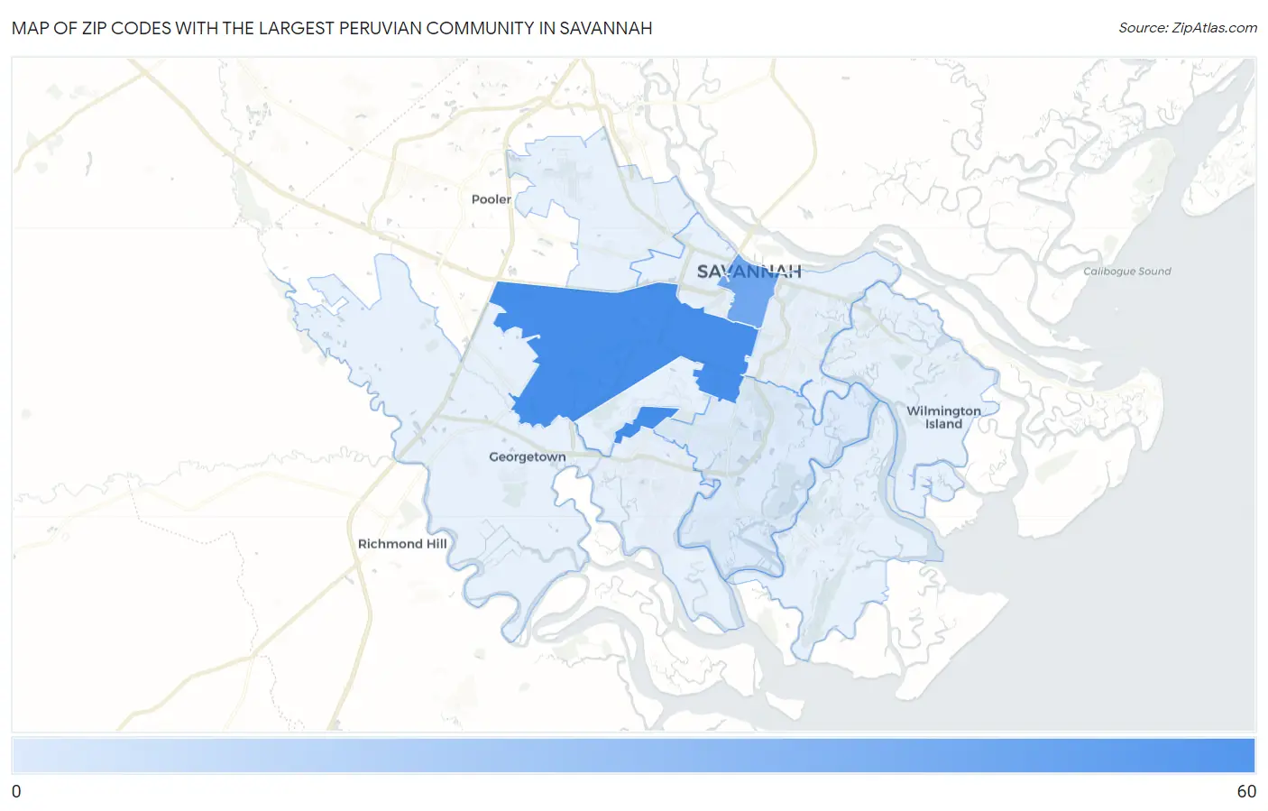 Zip Codes with the Largest Peruvian Community in Savannah Map
