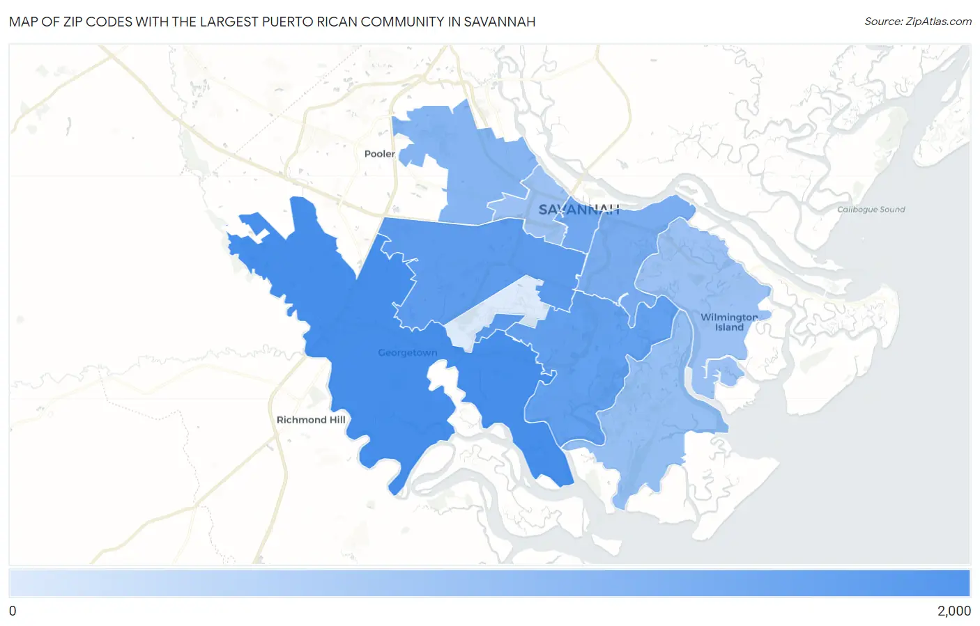 Zip Codes with the Largest Puerto Rican Community in Savannah Map