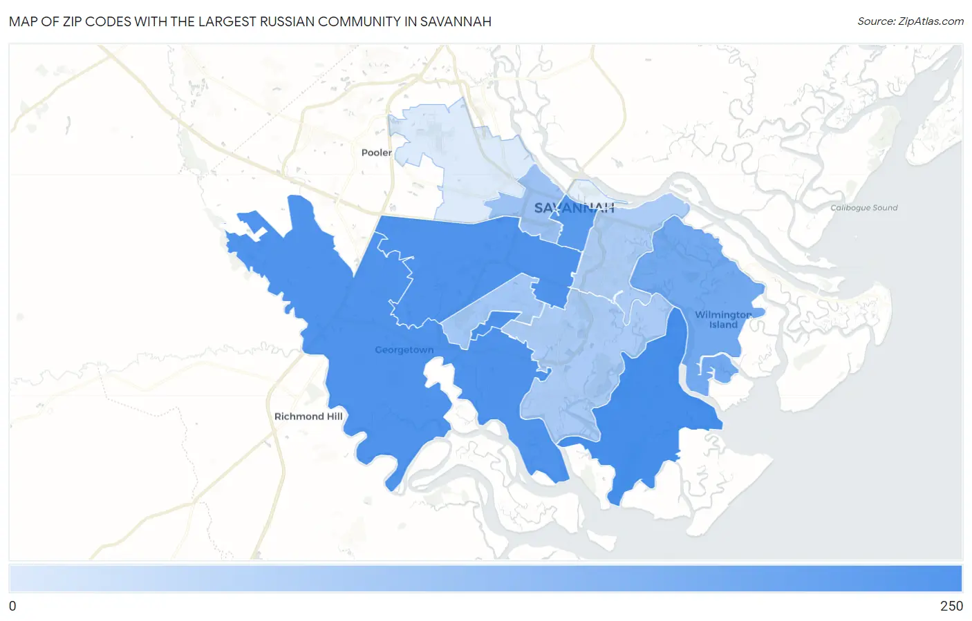 Zip Codes with the Largest Russian Community in Savannah Map