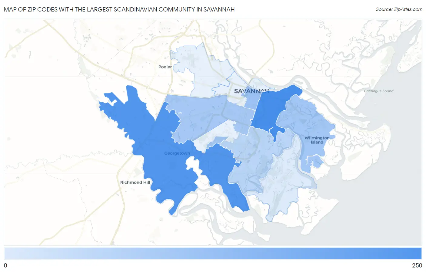 Zip Codes with the Largest Scandinavian Community in Savannah Map