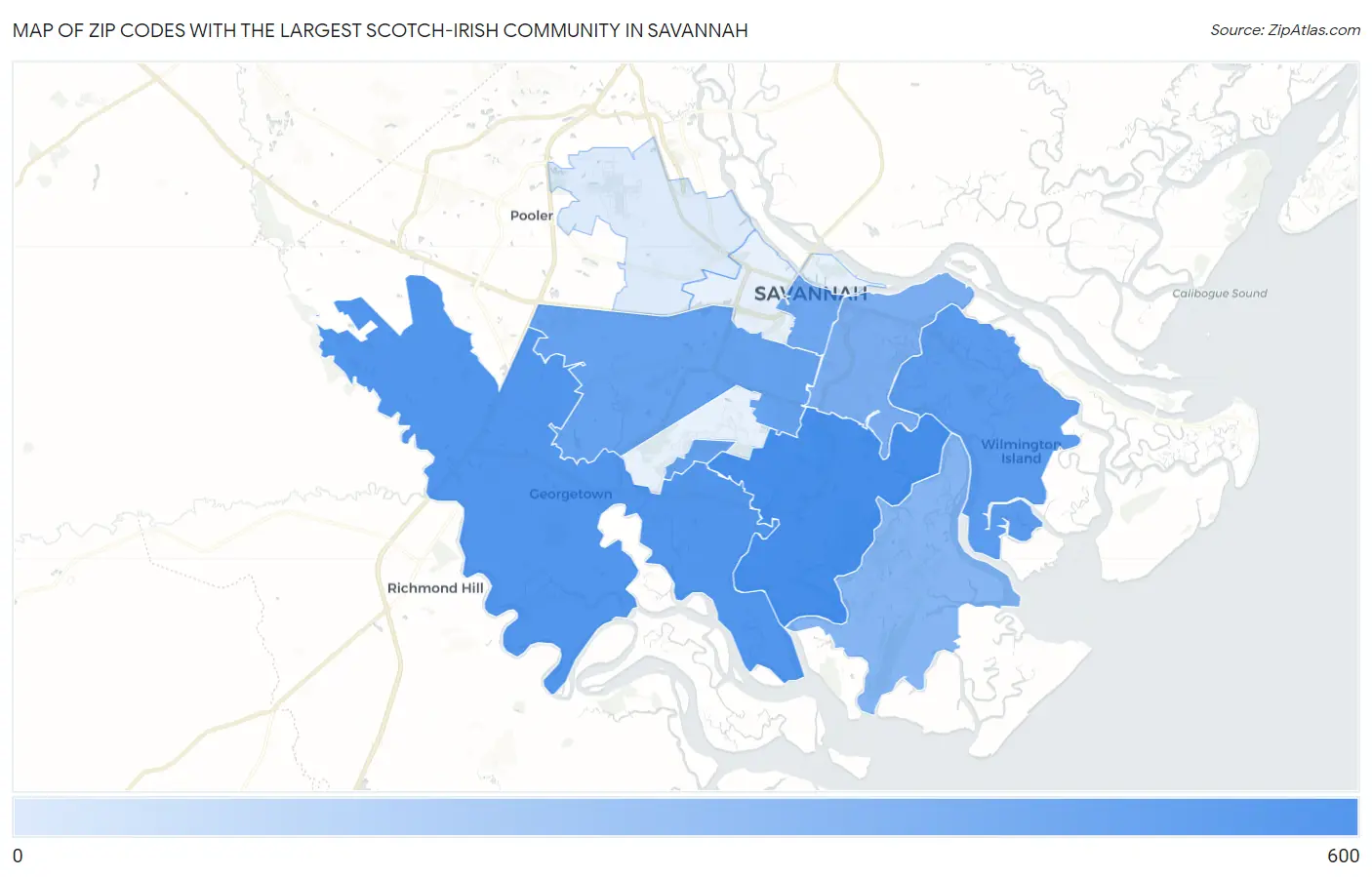 Zip Codes with the Largest Scotch-Irish Community in Savannah Map