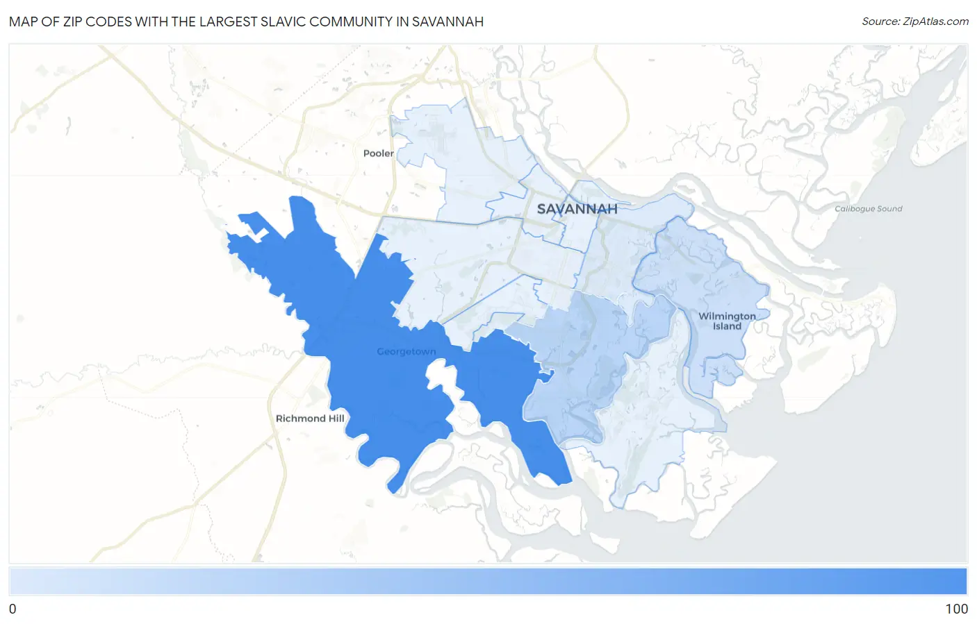 Zip Codes with the Largest Slavic Community in Savannah Map