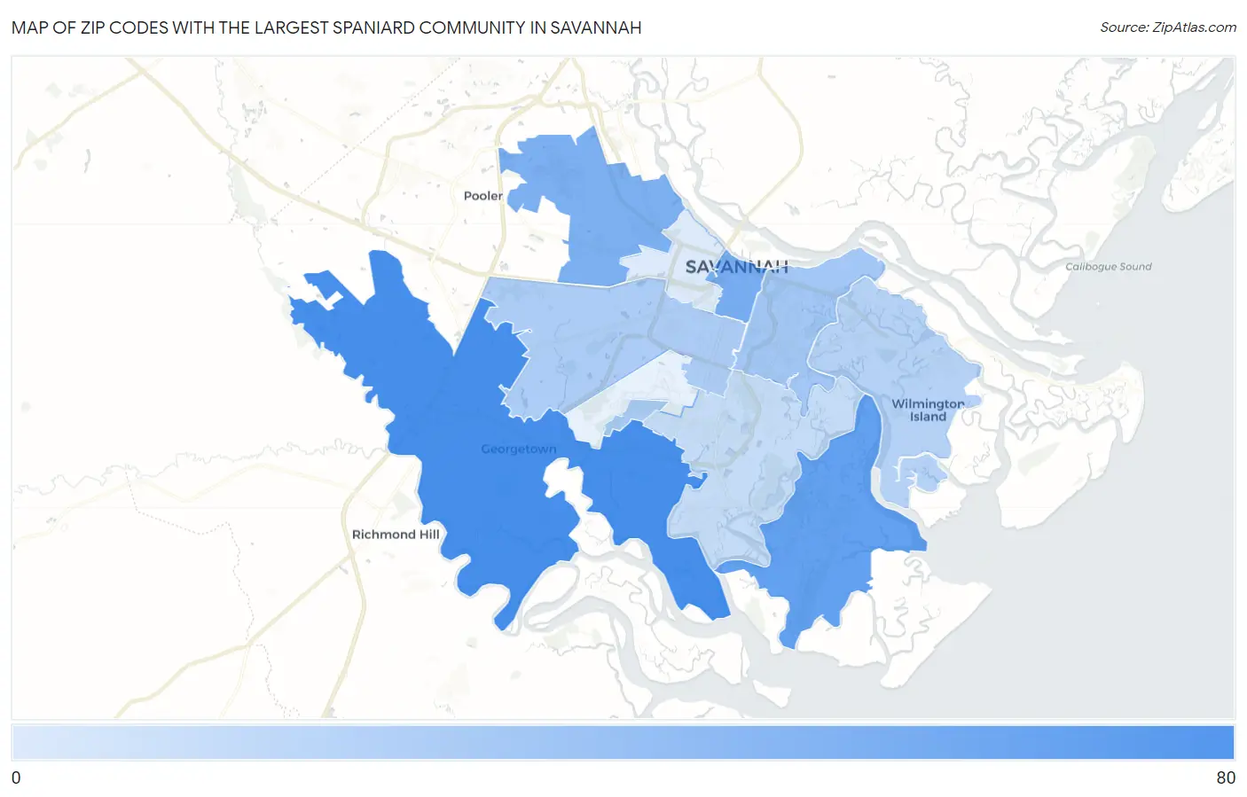 Zip Codes with the Largest Spaniard Community in Savannah Map