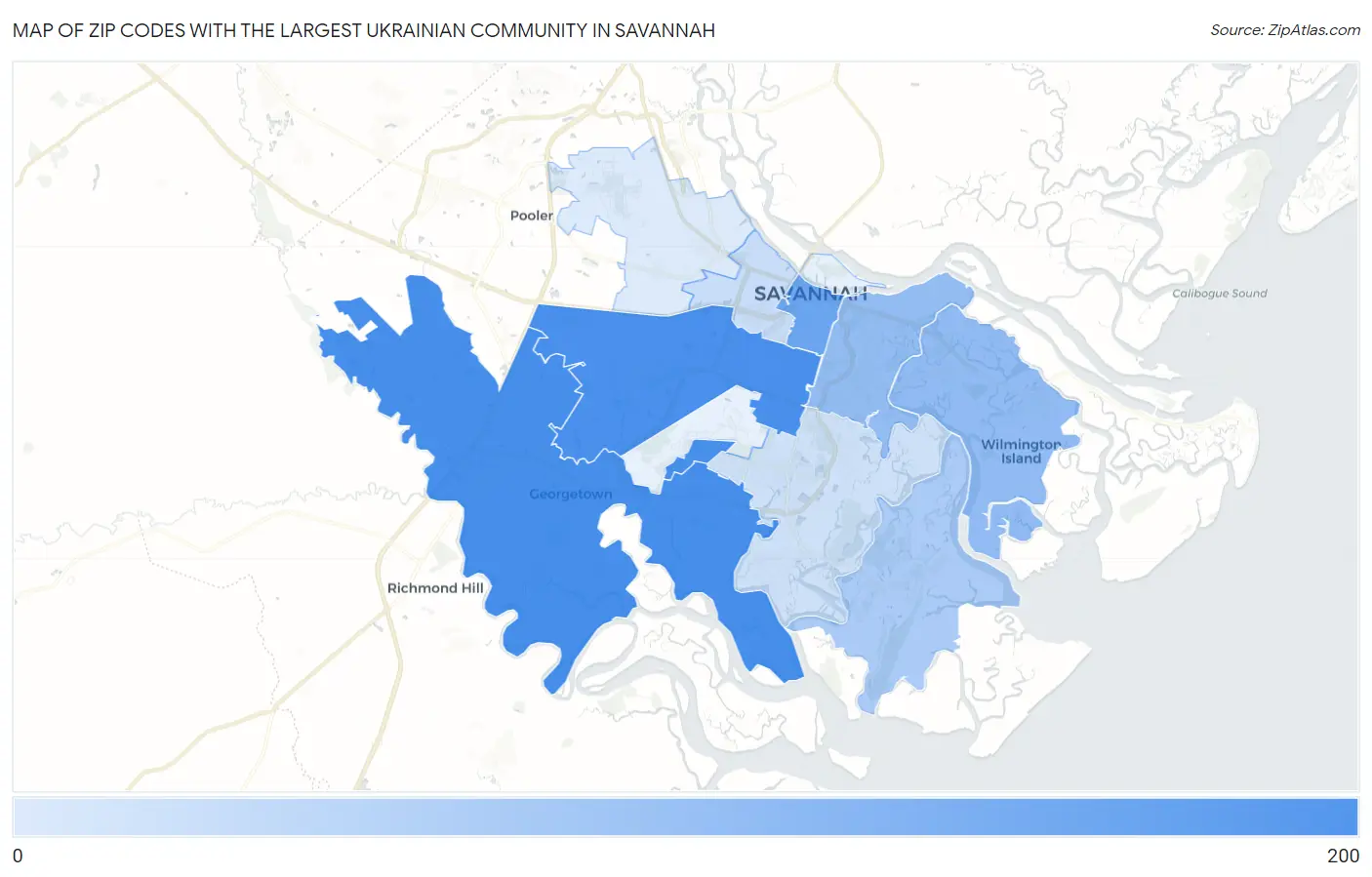 Zip Codes with the Largest Ukrainian Community in Savannah Map