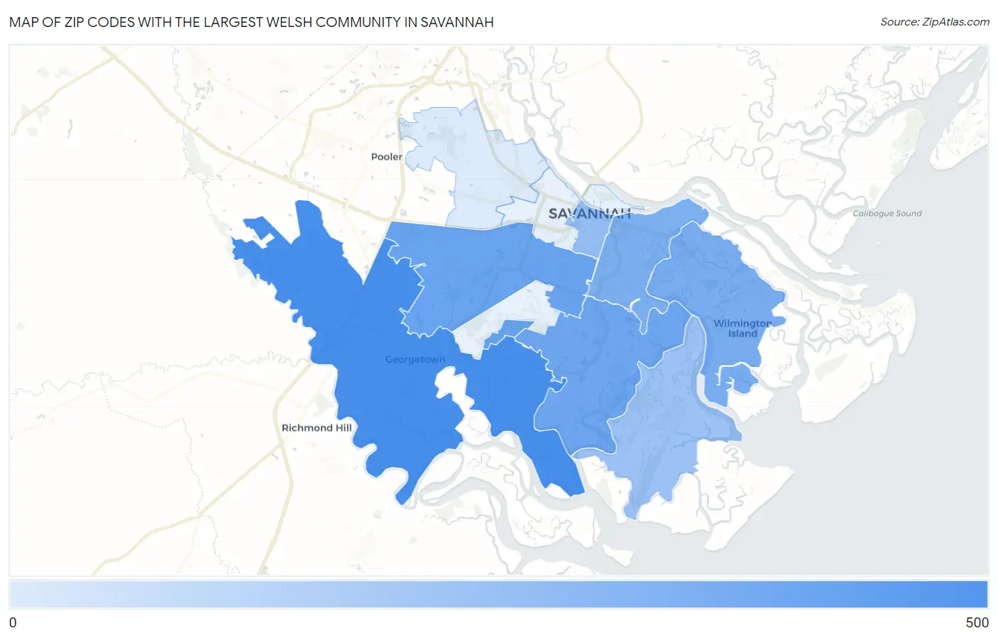 Zip Codes with the Largest Welsh Community in Savannah Map