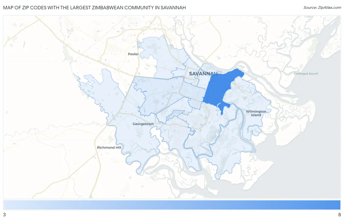 Zip Codes with the Largest Zimbabwean Community in Savannah Map