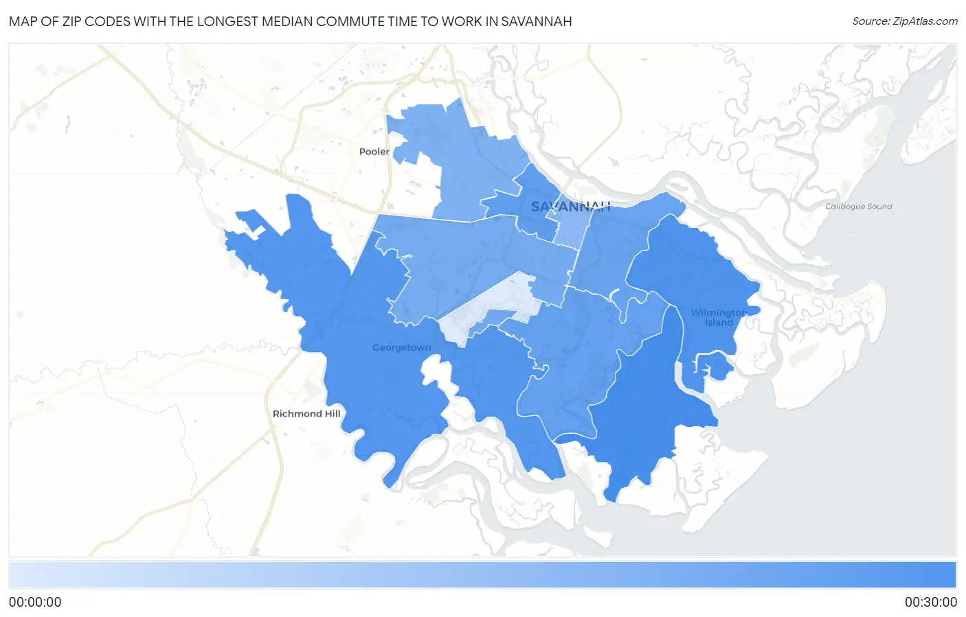 Zip Codes with the Longest Median Commute Time to Work in Savannah Map