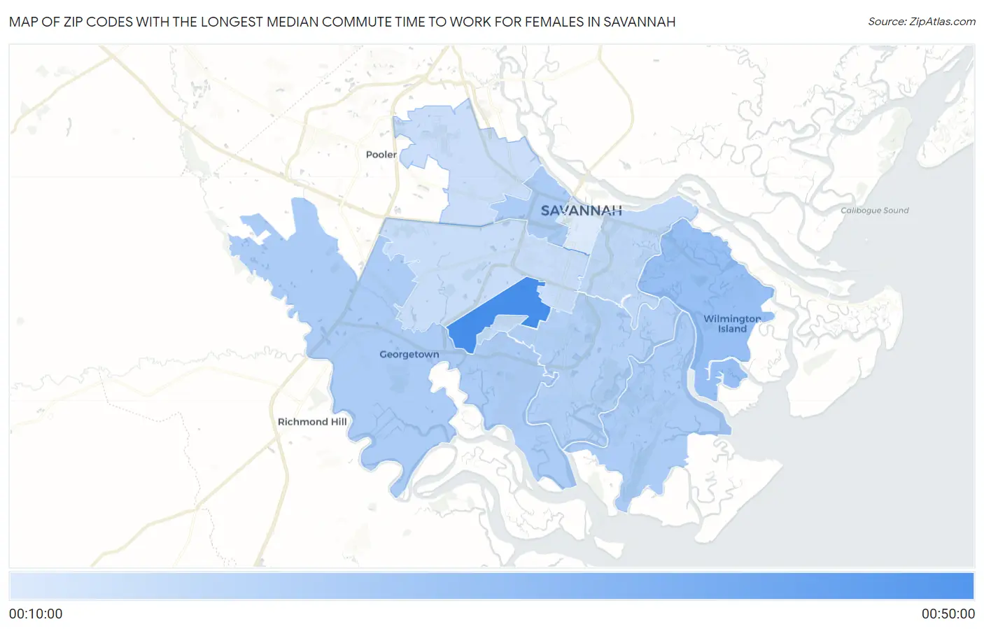Zip Codes with the Longest Median Commute Time to Work for Females in Savannah Map