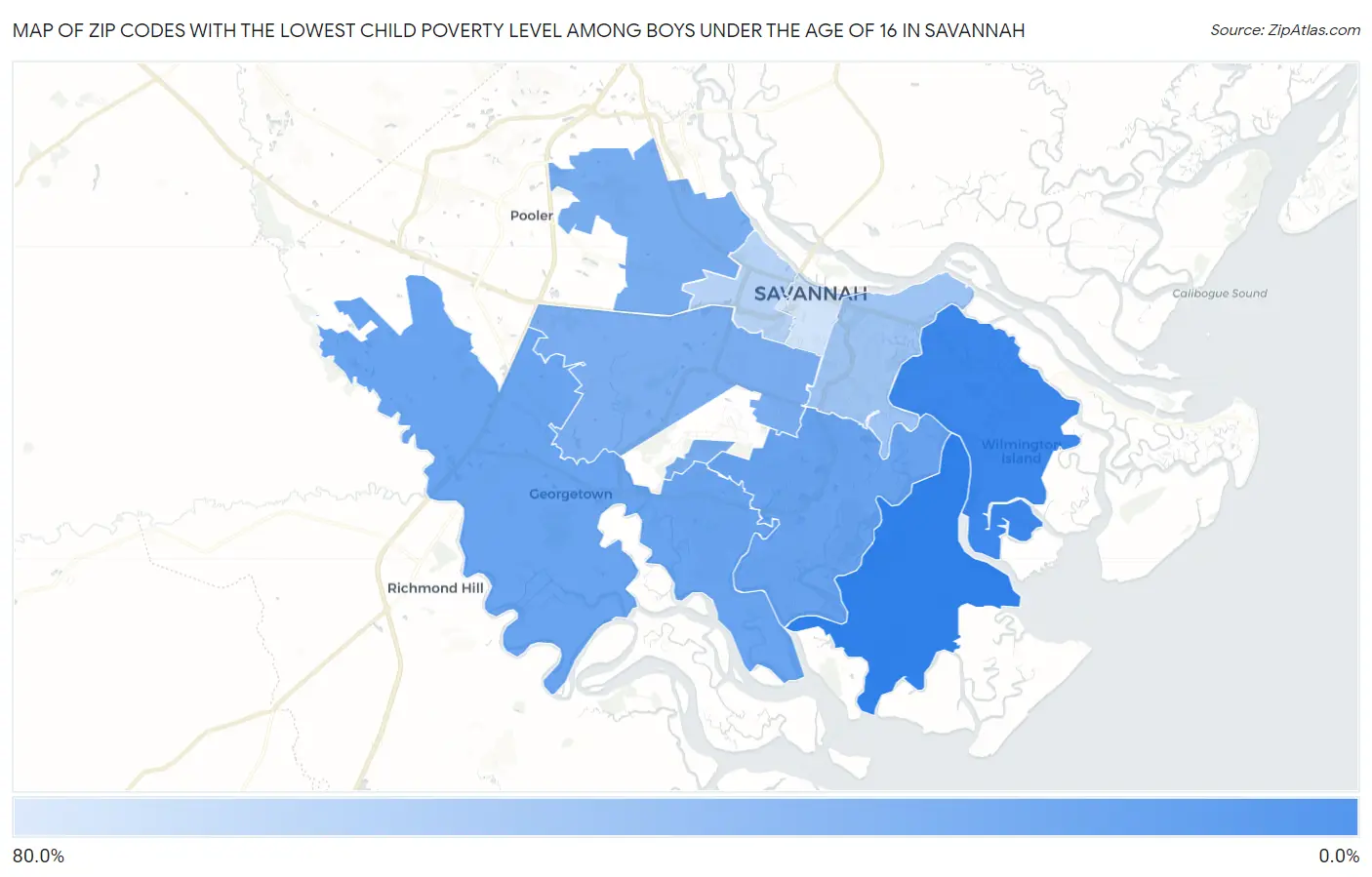 Zip Codes with the Lowest Child Poverty Level Among Boys Under the Age of 16 in Savannah Map