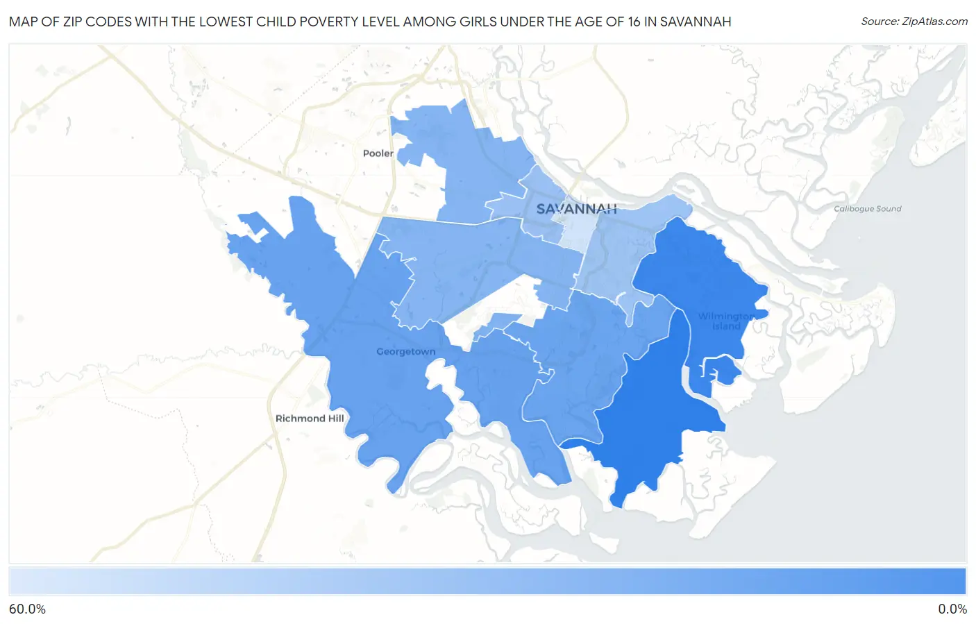 Zip Codes with the Lowest Child Poverty Level Among Girls Under the Age of 16 in Savannah Map