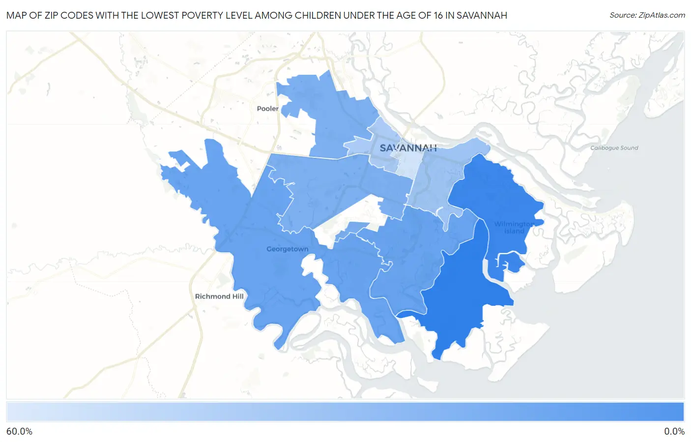 Zip Codes with the Lowest Poverty Level Among Children Under the Age of 16 in Savannah Map