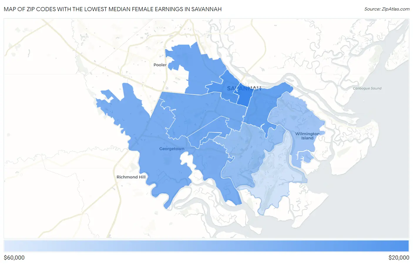 Zip Codes with the Lowest Median Female Earnings in Savannah Map
