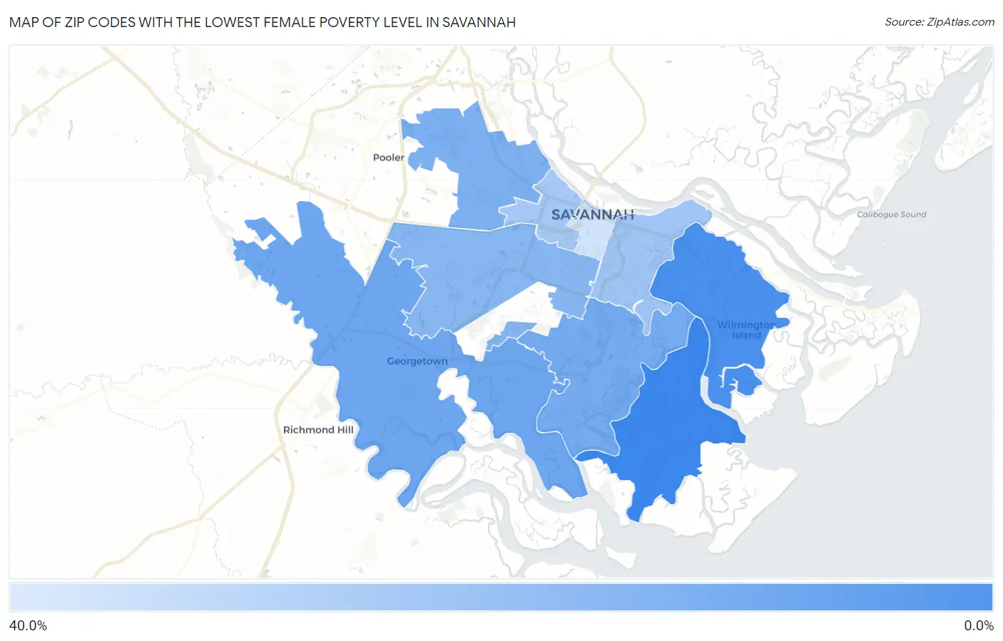 Zip Codes with the Lowest Female Poverty Level in Savannah Map