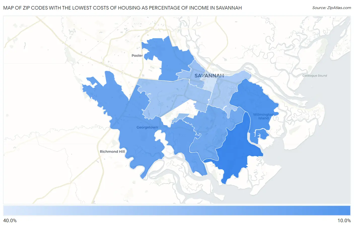 Zip Codes with the Lowest Costs of Housing as Percentage of Income in Savannah Map