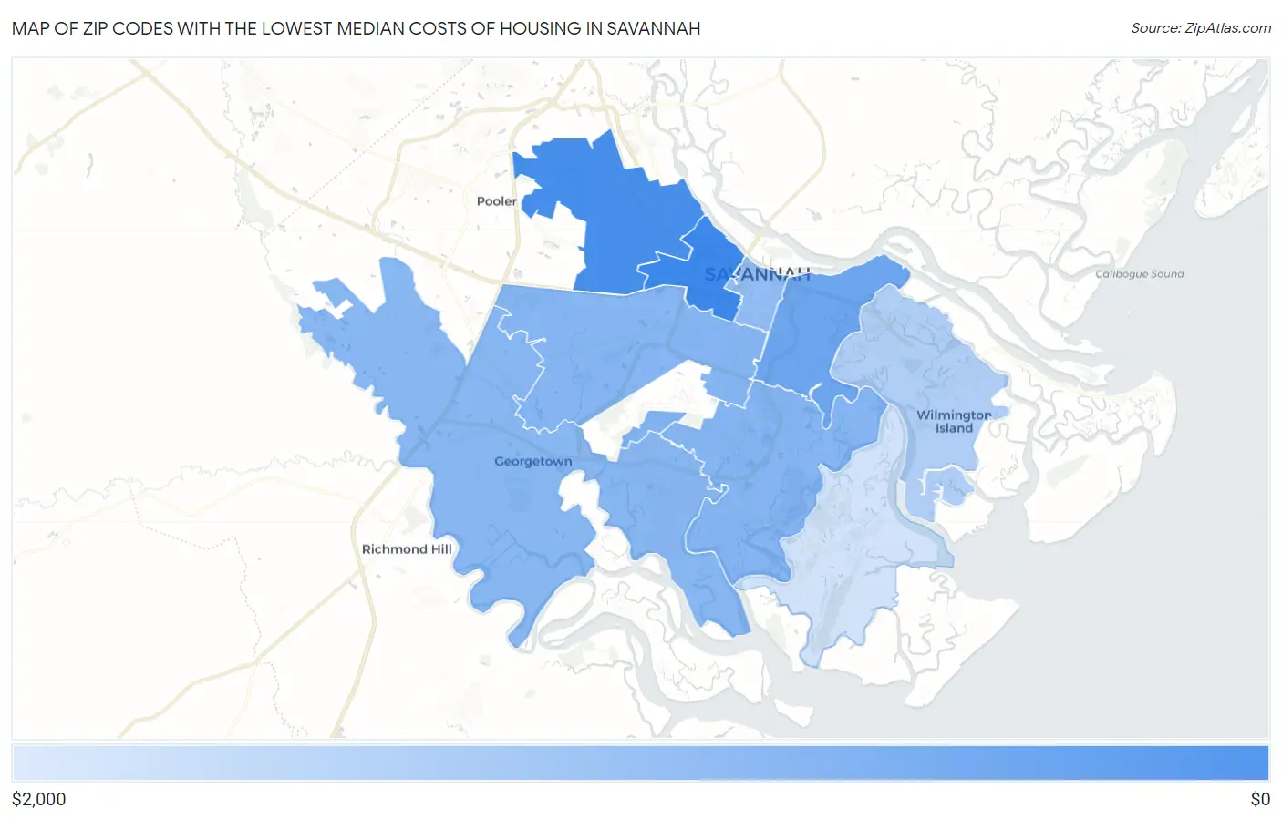 Zip Codes with the Lowest Median Costs of Housing in Savannah Map