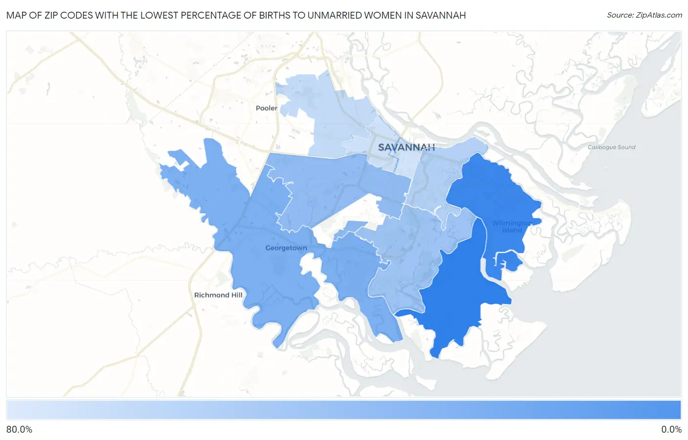 Zip Codes with the Lowest Percentage of Births to Unmarried Women in Savannah Map