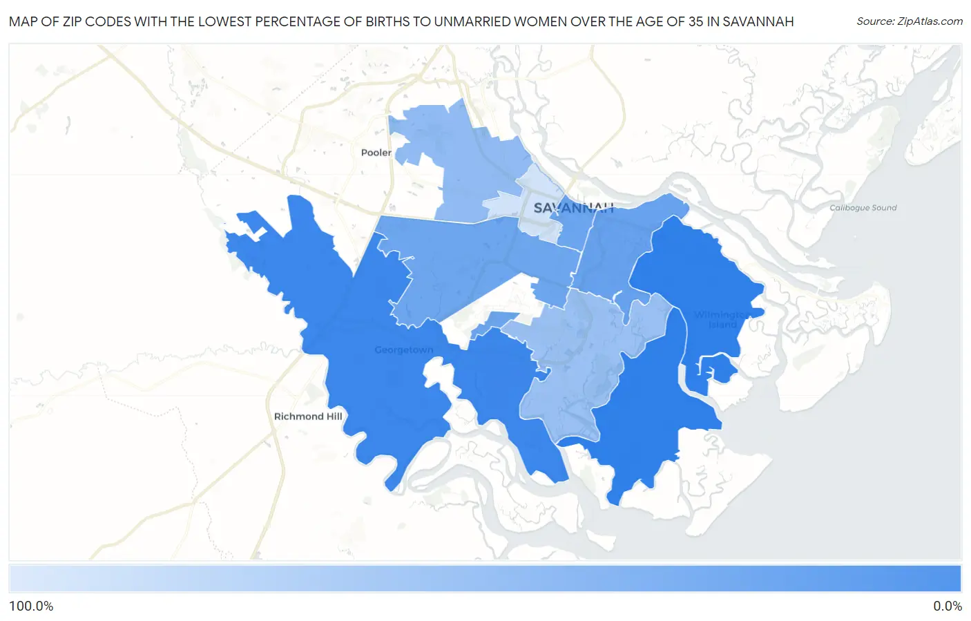 Zip Codes with the Lowest Percentage of Births to Unmarried Women over the Age of 35 in Savannah Map