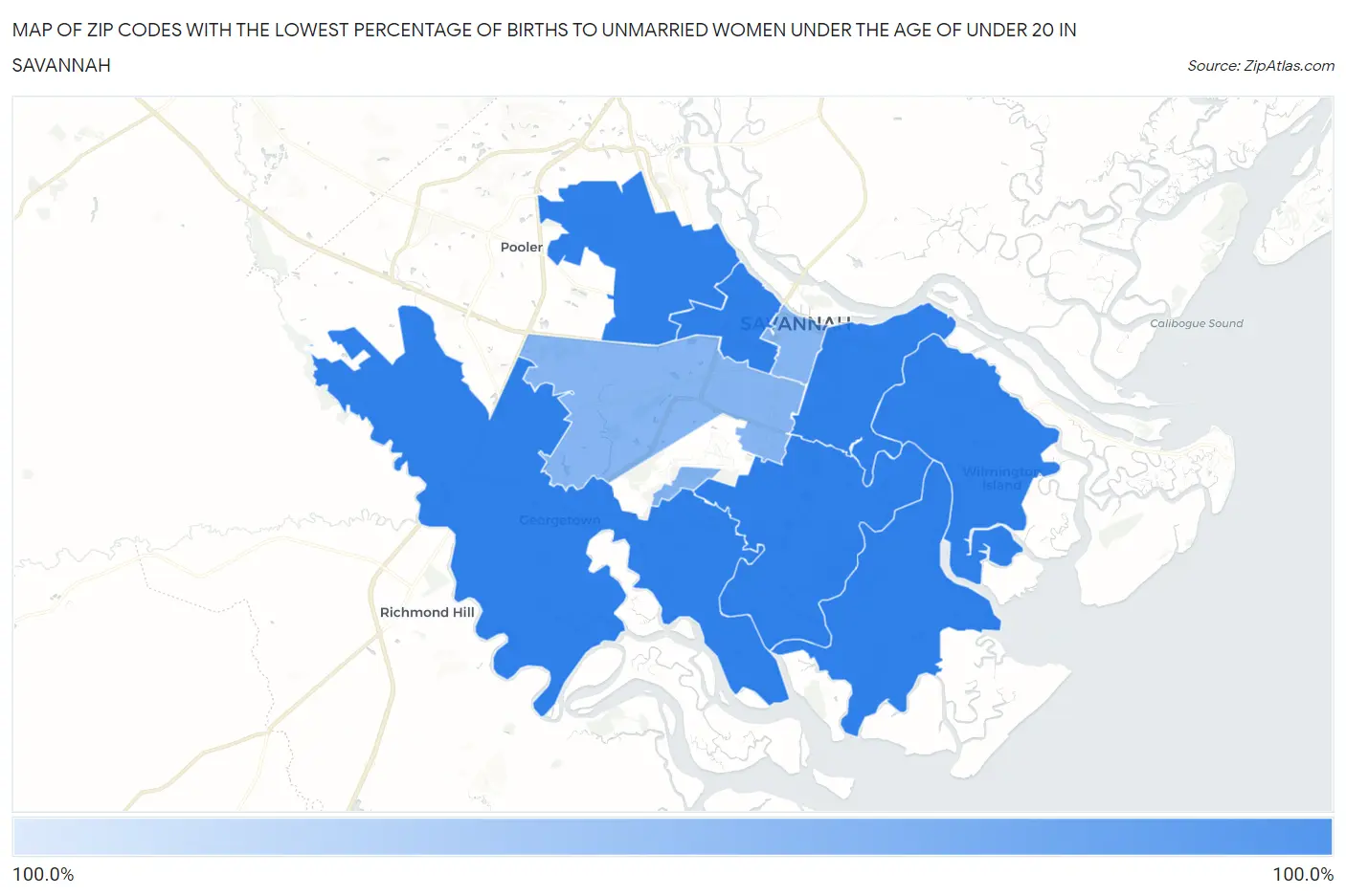 Zip Codes with the Lowest Percentage of Births to Unmarried Women under the Age of under 20 in Savannah Map
