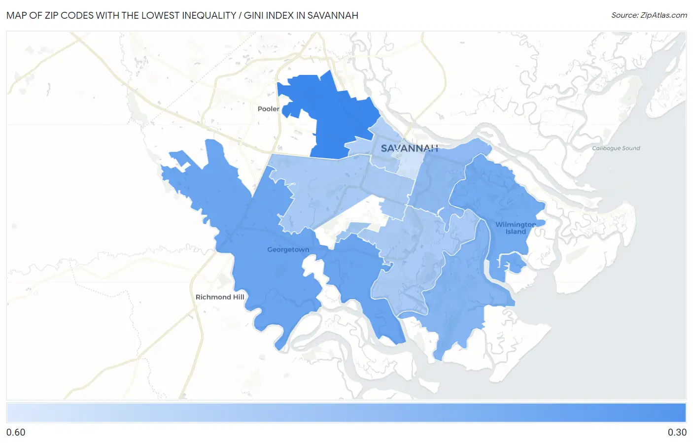 Zip Codes with the Lowest Inequality / Gini Index in Savannah Map