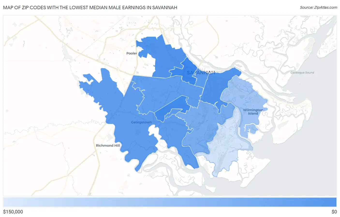 Zip Codes with the Lowest Median Male Earnings in Savannah Map