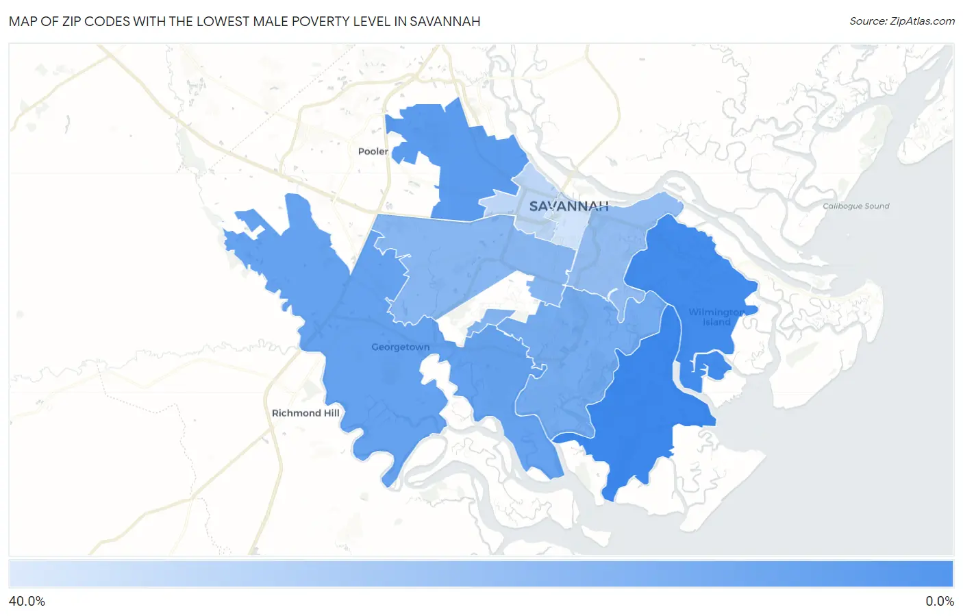 Zip Codes with the Lowest Male Poverty Level in Savannah Map