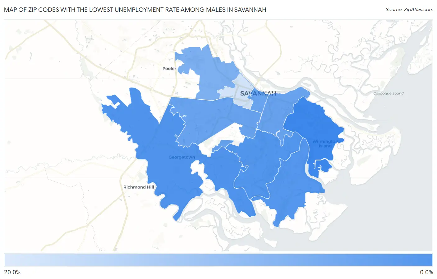 Zip Codes with the Lowest Unemployment Rate Among Males in Savannah Map