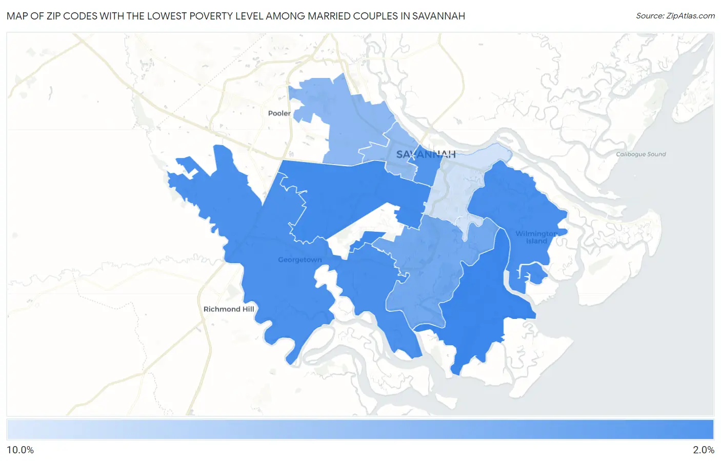 Zip Codes with the Lowest Poverty Level Among Married Couples in Savannah Map