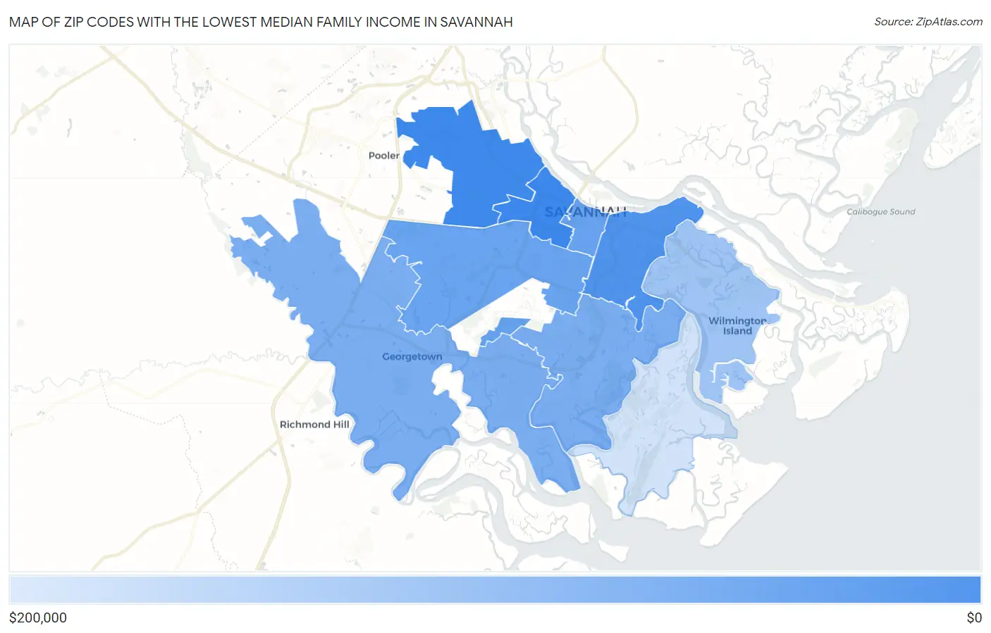 Zip Codes with the Lowest Median Family Income in Savannah Map