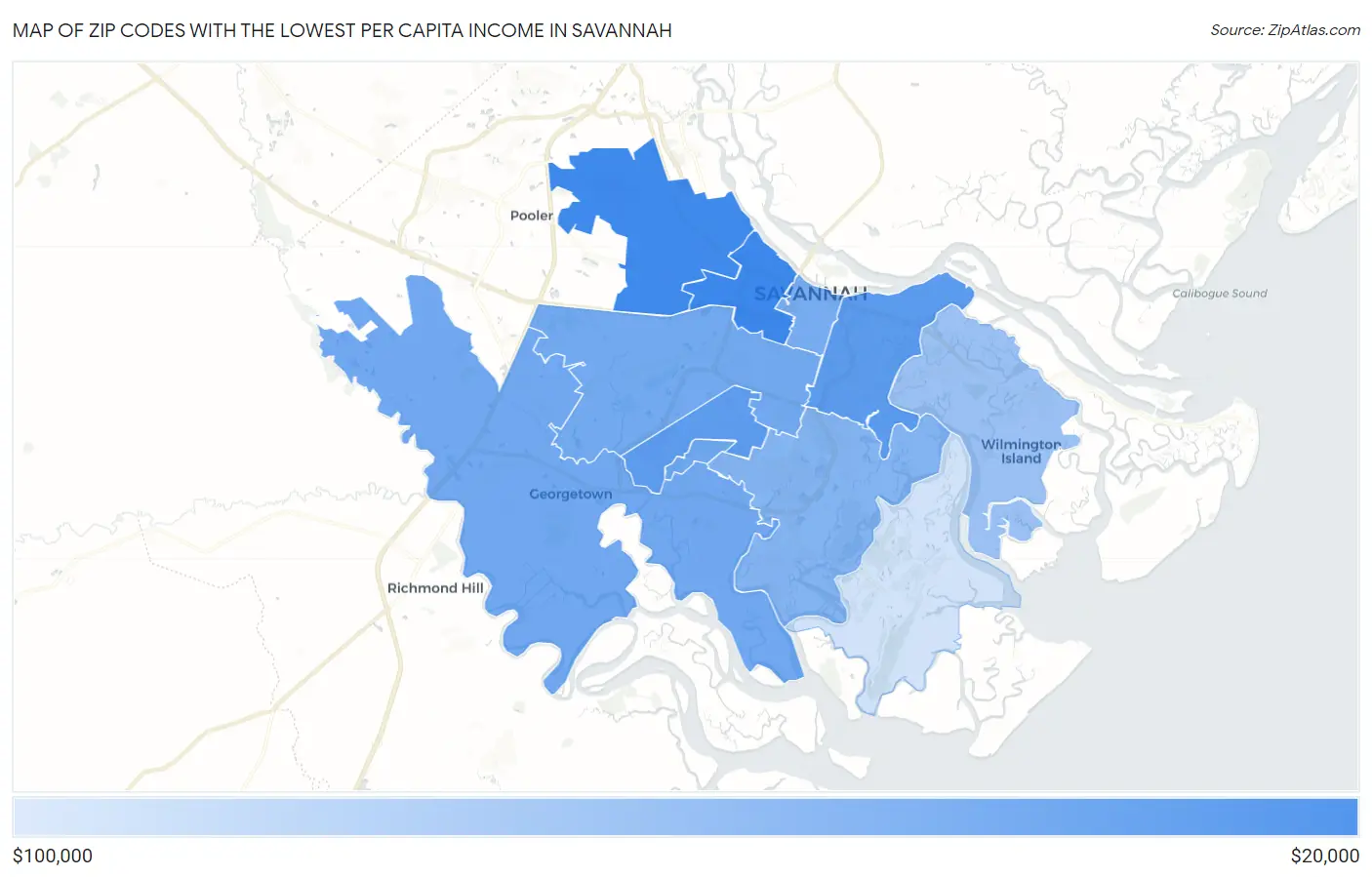 Zip Codes with the Lowest Per Capita Income in Savannah Map