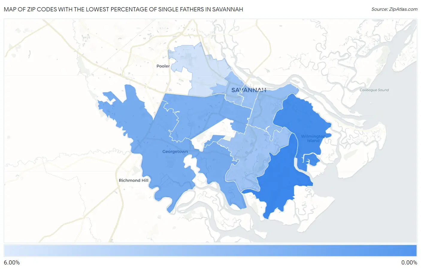 Zip Codes with the Lowest Percentage of Single Fathers in Savannah Map