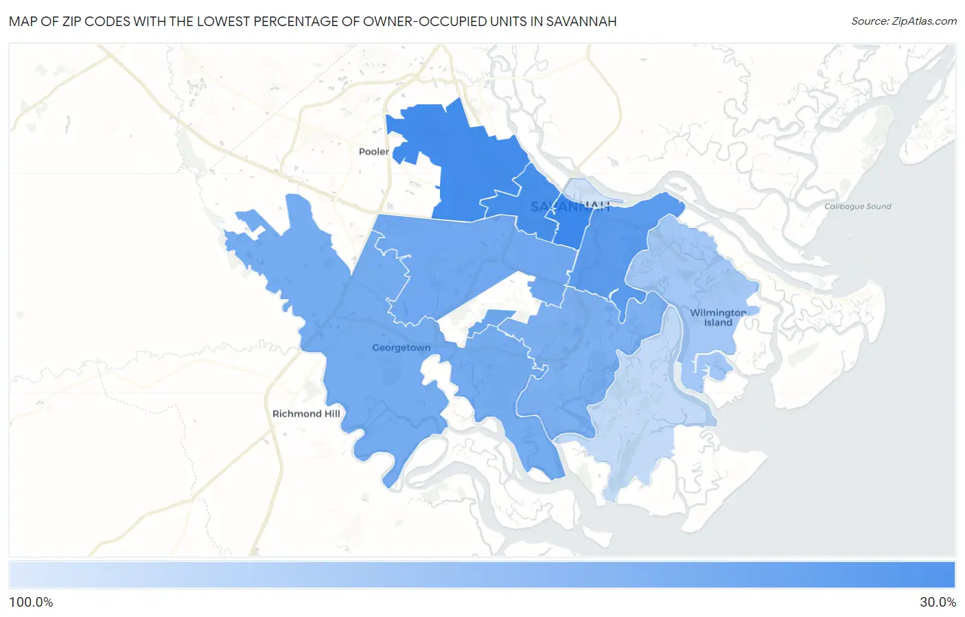 Zip Codes with the Lowest Percentage of Owner-Occupied Units in Savannah Map