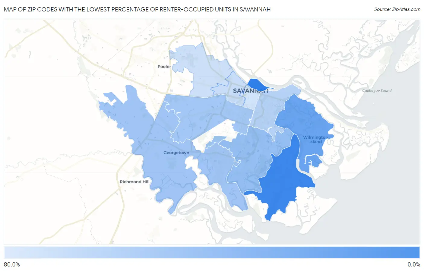 Zip Codes with the Lowest Percentage of Renter-Occupied Units in Savannah Map