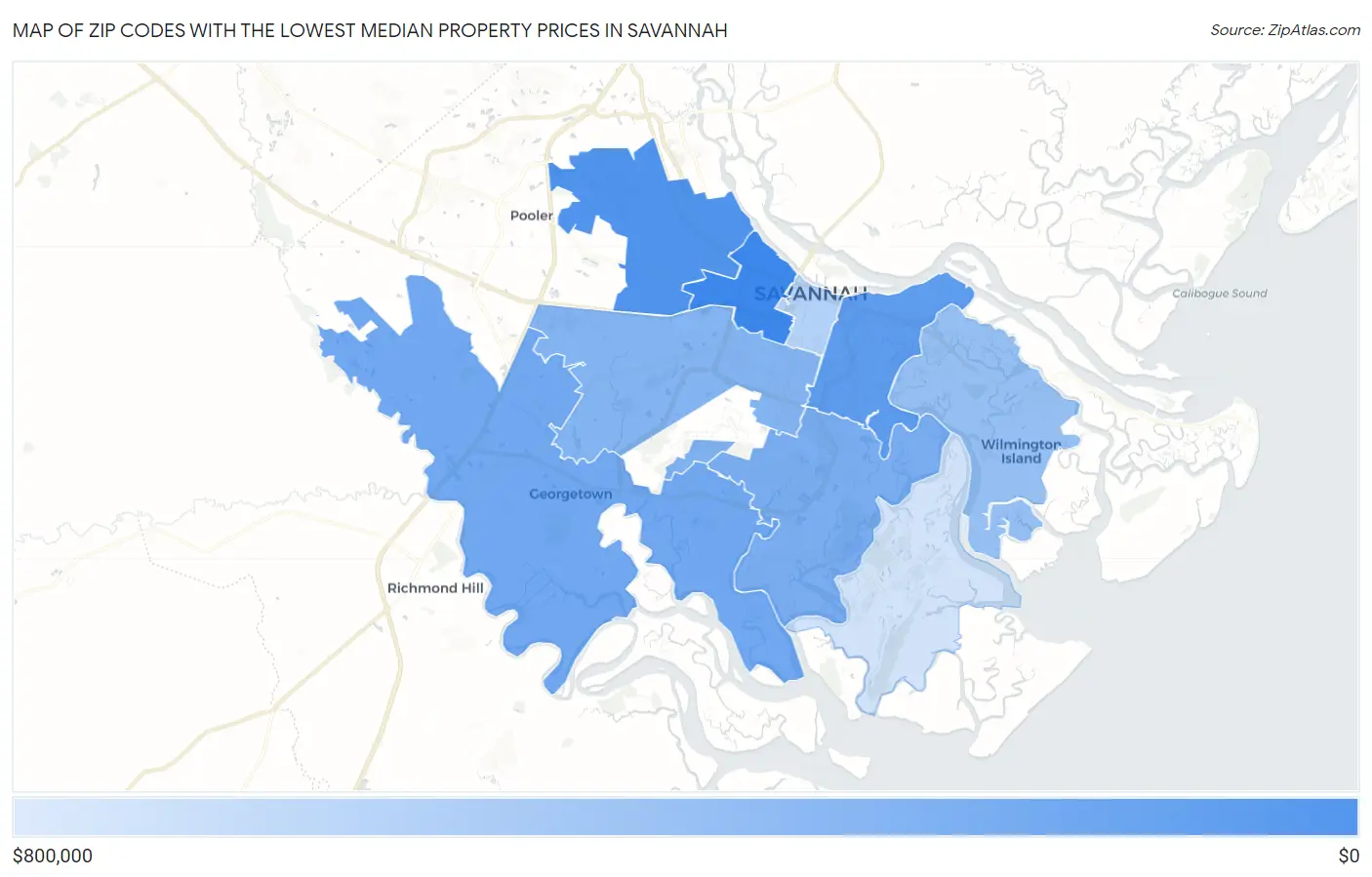 Zip Codes with the Lowest Median Property Prices in Savannah Map