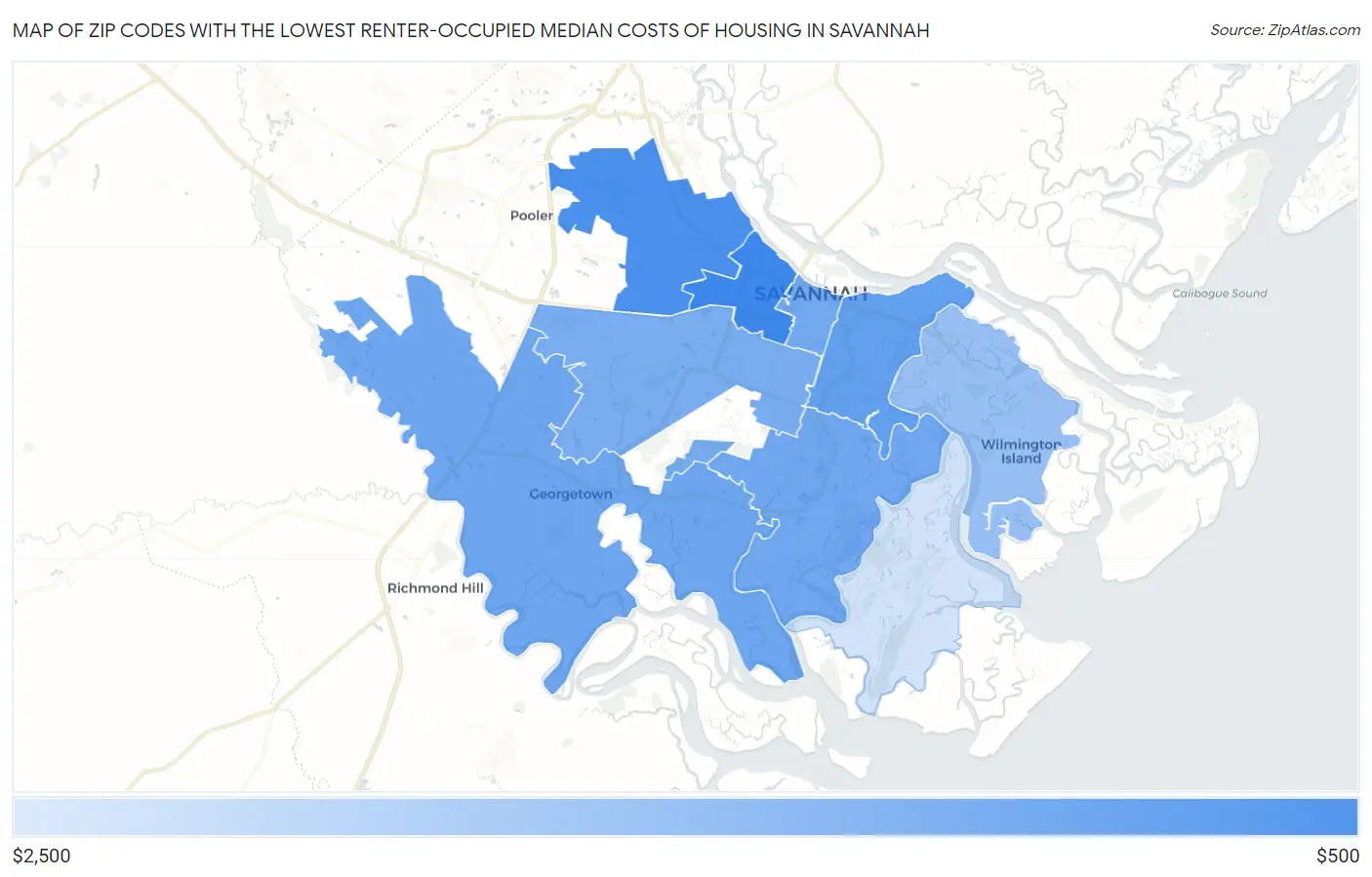 Zip Codes with the Lowest Renter-Occupied Median Costs of Housing in Savannah Map