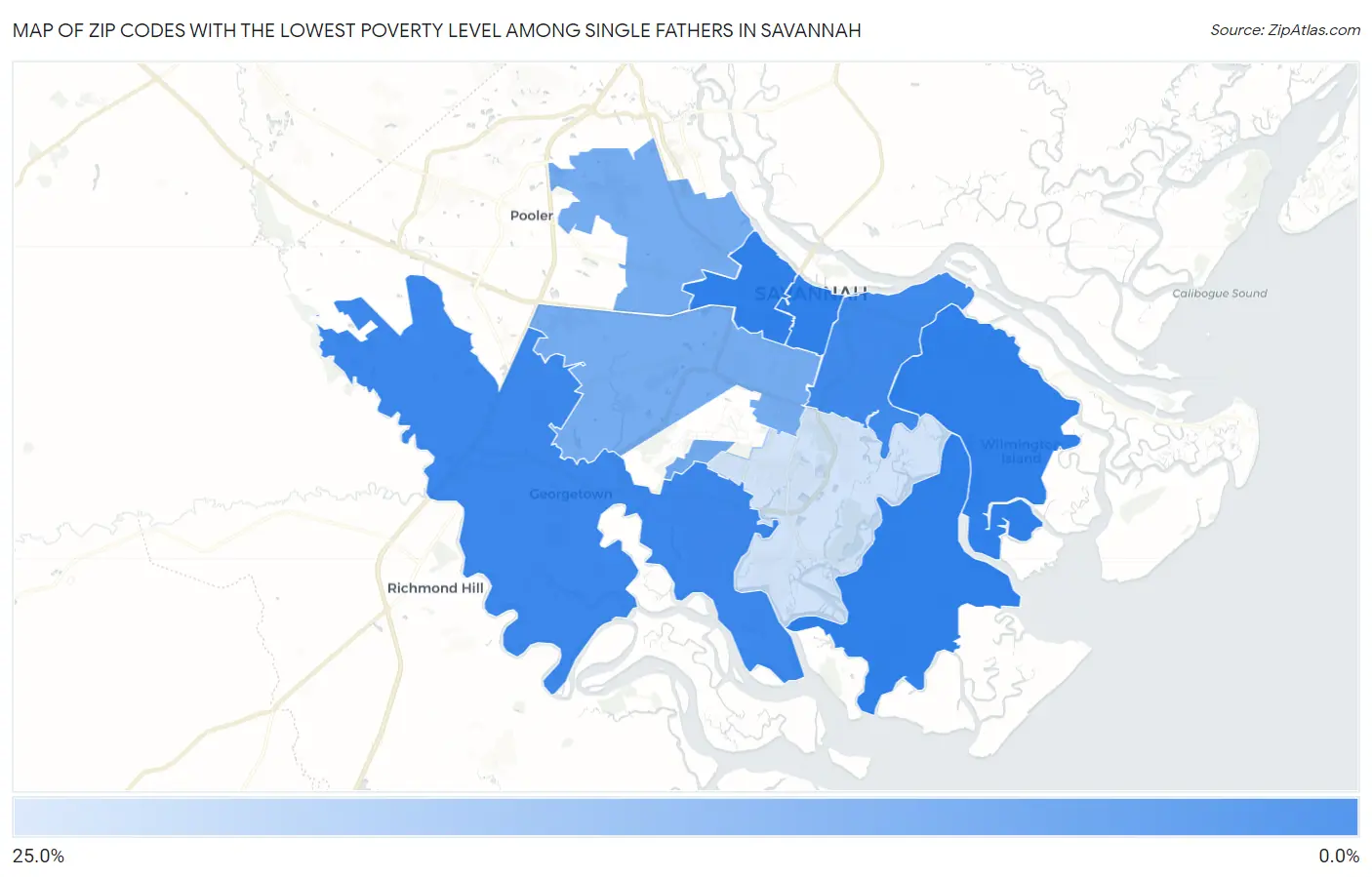 Zip Codes with the Lowest Poverty Level Among Single Fathers in Savannah Map