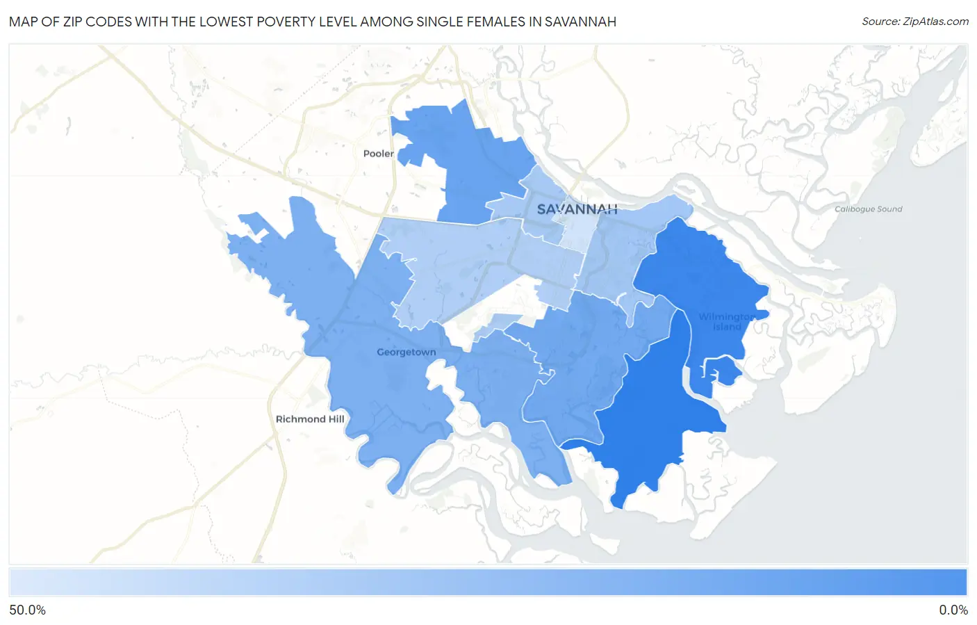 Zip Codes with the Lowest Poverty Level Among Single Females in Savannah Map